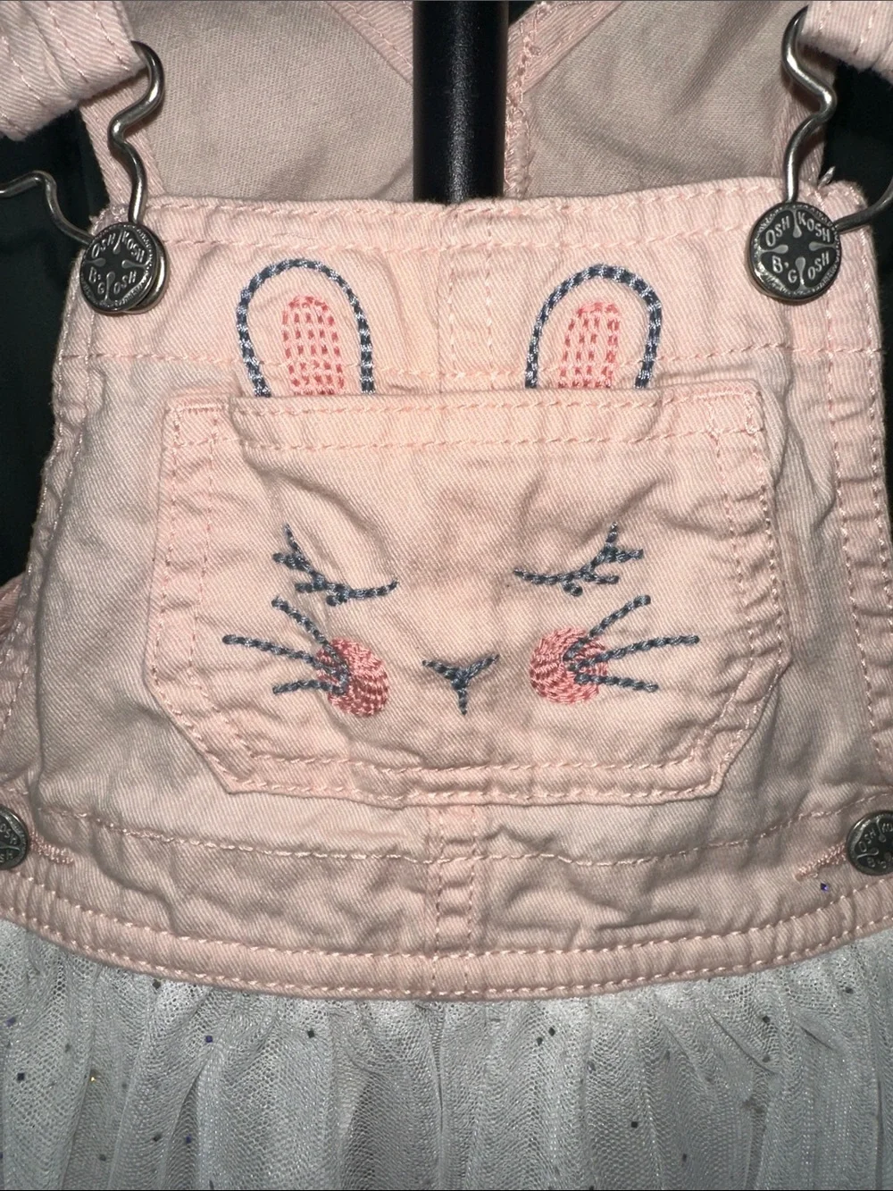 🎉Girls Pink Bunny Pocket Overall Dress with White Tulle Skirt. C314